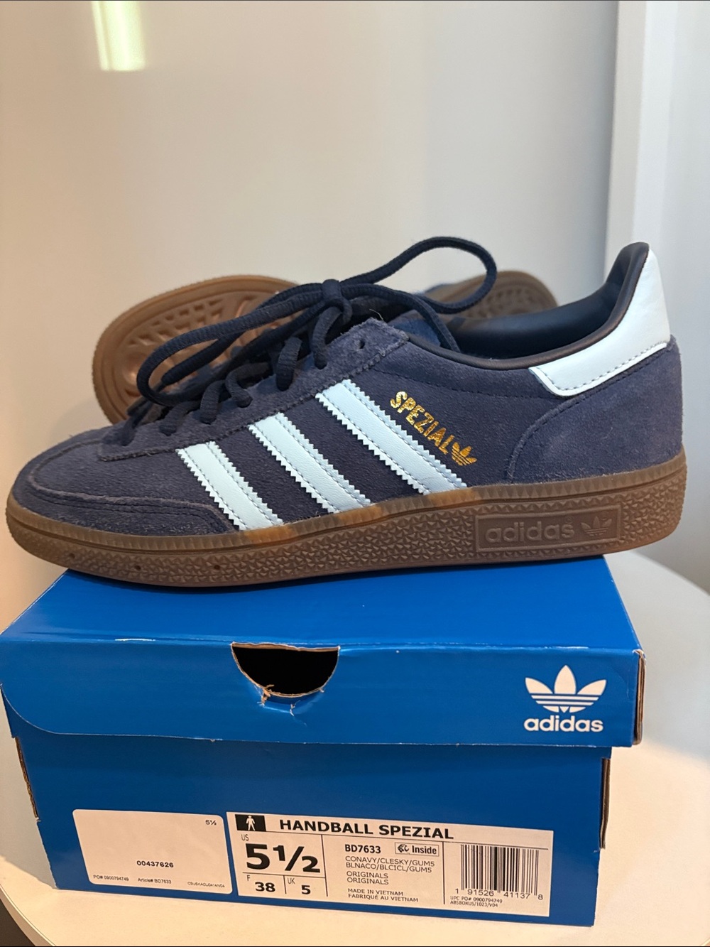 adidas Spezial Suede Sneakers in Navy and White with Gum Sole